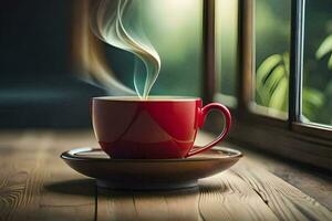 a red cup of coffee on a wooden table. AI-Generated photo