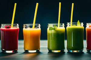 a row of different colored smoothies in glasses. AI-Generated photo