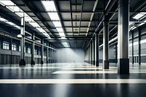 an empty warehouse with large windows and a lot of space. AI-Generated photo