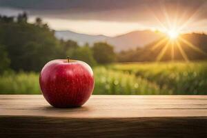 an apple sits on a wooden table in front of a field. AI-Generated photo