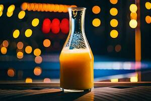 naranja jugo en un vaso botella en un mesa. generado por ai foto