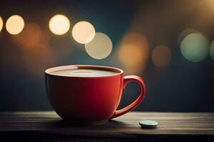 un rojo taza de café en un de madera mesa. generado por ai foto