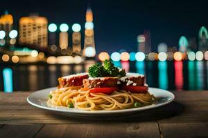 a plate of spaghetti with meat and vegetables on a table in front of the cityscape. AI-Generated photo