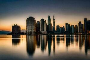 el ciudad horizonte es reflejado en el agua a puesta de sol. generado por ai foto