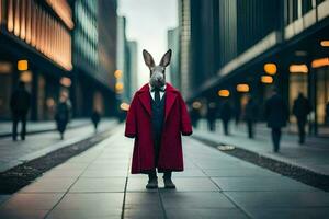 un Conejo vistiendo un rojo Saco y Corbata en pie en el medio de un ciudad calle. generado por ai foto