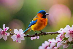 a colorful bird sits on a branch with pink flowers. AI-Generated photo