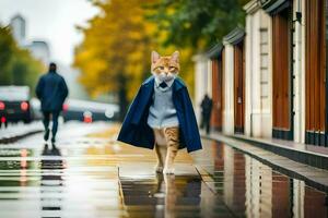 a cat in a blue coat walking down a street. AI-Generated photo