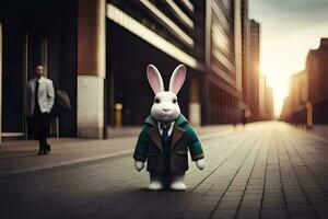 a rabbit in a suit and tie standing on a street. AI-Generated photo