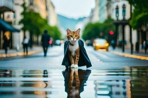 a cat in a cape walking on a wet street. AI-Generated photo