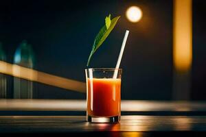 a glass of orange juice with a straw. AI-Generated photo