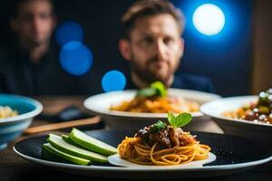 a man is sitting at a table with plates of food. AI-Generated photo