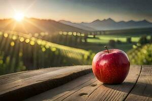 an apple sits on a wooden table in front of a scenic view. AI-Generated photo