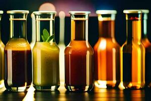 a row of bottles with different colored liquids. AI-Generated photo