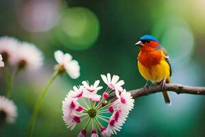 a colorful bird sits on a branch with pink flowers. AI-Generated photo