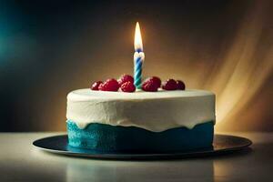 a blue and white cake with a single candle. AI-Generated photo