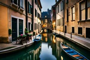 a narrow canal with boats in it. AI-Generated photo