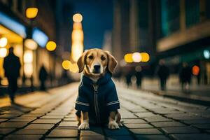 un perro vistiendo un chaqueta se sienta en el calle a noche. generado por ai foto