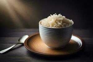 a bowl of rice on a wooden table. AI-Generated photo