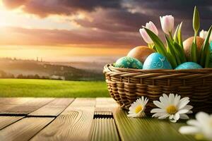 easter eggs in a basket on a wooden table. AI-Generated photo