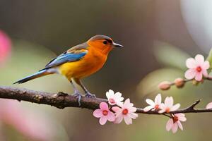 a small orange bird is perched on a branch with pink flowers. AI-Generated photo