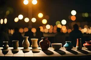a row of vases on a table in front of a crowd. AI-Generated photo
