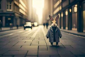 a rabbit in a coat standing on a street. AI-Generated photo