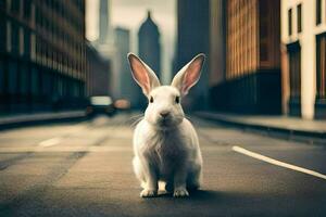 un blanco Conejo es sentado en el calle en frente de alto edificios generado por ai foto