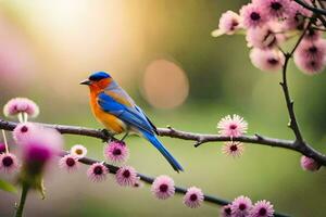 a blue and orange bird sits on a branch with pink flowers. AI-Generated photo