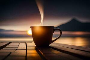 a cup of coffee on a wooden table with the sun setting behind it. AI-Generated photo