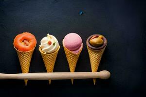 four ice cream cones with different flavors on a black background. AI-Generated photo