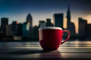 a red coffee cup sits on a table in front of a city skyline. AI-Generated photo