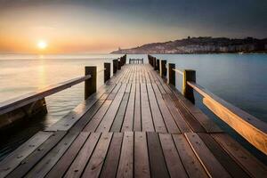 un de madera muelle estiramientos fuera dentro el Oceano a puesta de sol. generado por ai foto