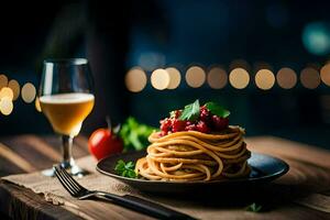 spaghetti with tomato sauce and a glass of beer. AI-Generated photo