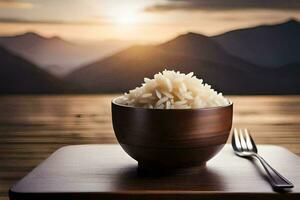 a bowl of rice with a fork and knife on a wooden table. AI-Generated photo