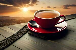 a cup of tea on a wooden table with a view of the sunset. AI-Generated photo