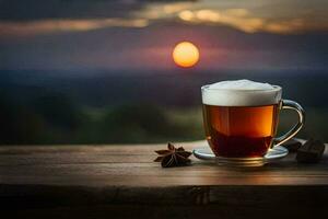 a cup of tea on a wooden table with a sunset in the background. AI-Generated photo