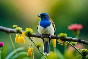 a blue and white bird sitting on a branch. AI-Generated photo