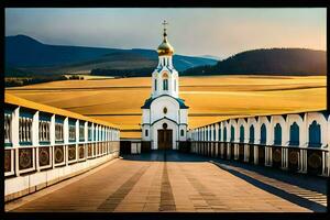 a church with a golden dome in the middle of a field. AI-Generated photo