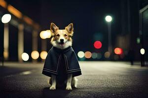 un perro vistiendo un capa en el calle a noche. generado por ai foto