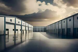 a large warehouse with a cloudy sky. AI-Generated photo