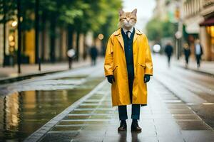 a cat wearing a yellow raincoat and tie standing on a wet street. AI-Generated photo