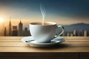 a cup of coffee on a wooden table with cityscape in the background. AI-Generated photo