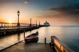 a boat sits on the dock at sunset. AI-Generated photo