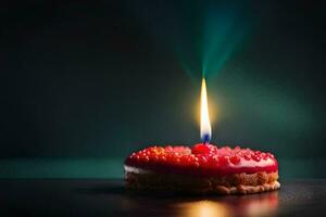 un soltero vela es iluminado en un pastel. generado por ai foto