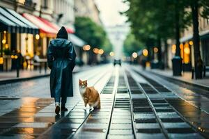 un mujer caminando con un gato en un lluvioso calle. generado por ai foto