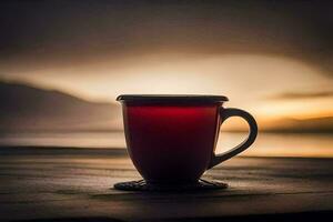 un rojo taza se sienta en un de madera mesa en frente de un lago. generado por ai foto