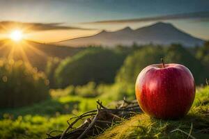 a red apple on a grassy hillside with the sun setting in the background. AI-Generated photo