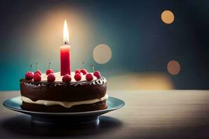 a chocolate cake with a single candle on top. AI-Generated photo