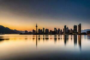 the city skyline is reflected in the water at sunset. AI-Generated photo