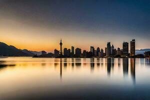 el ciudad horizonte es reflejado en el agua a puesta de sol. generado por ai foto